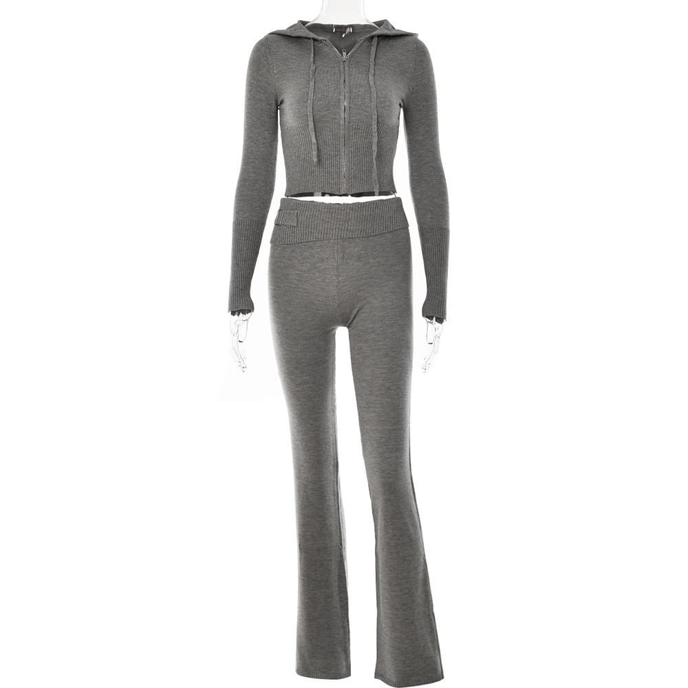 Ensemble deux pièces en tricot à capuche pour femme, nouvelle collection européenne et américaine, à la mode et sexy, taille haute, manches long