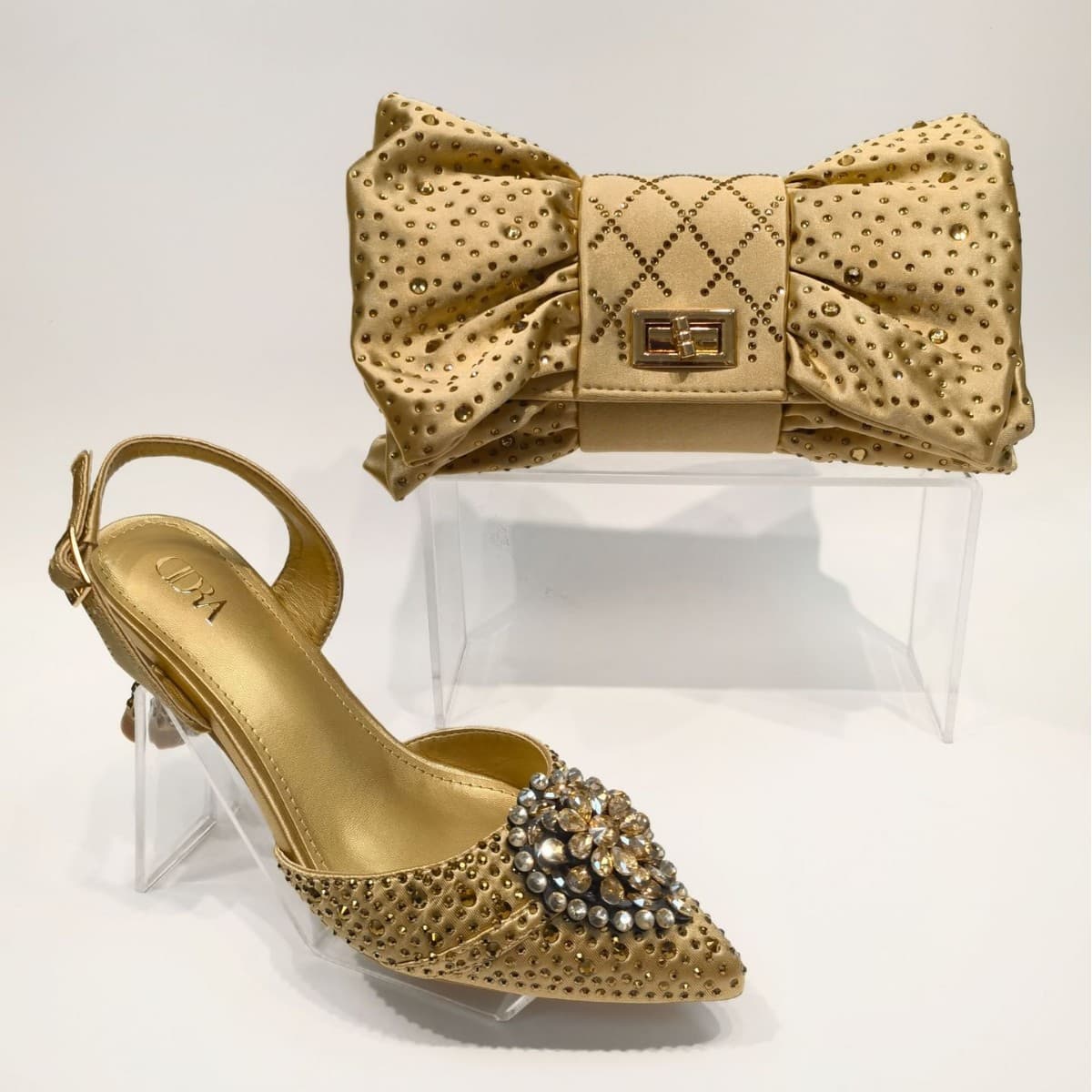 2025 Women's Heels Evening Set Pointed Toe High Heel Sandals Bowknot Rhinestone Handbag Party Bag