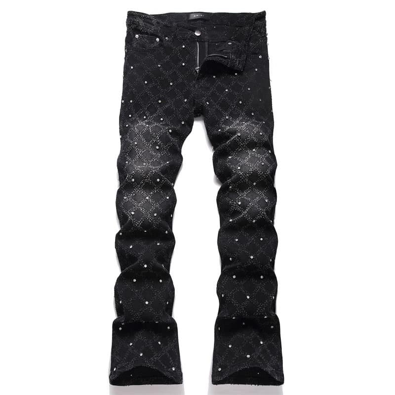 European Station American Style Trendy Brand New Black Gray Washed Scratched Patch Paint Graffiti Stretch Slim Fit Jeans
