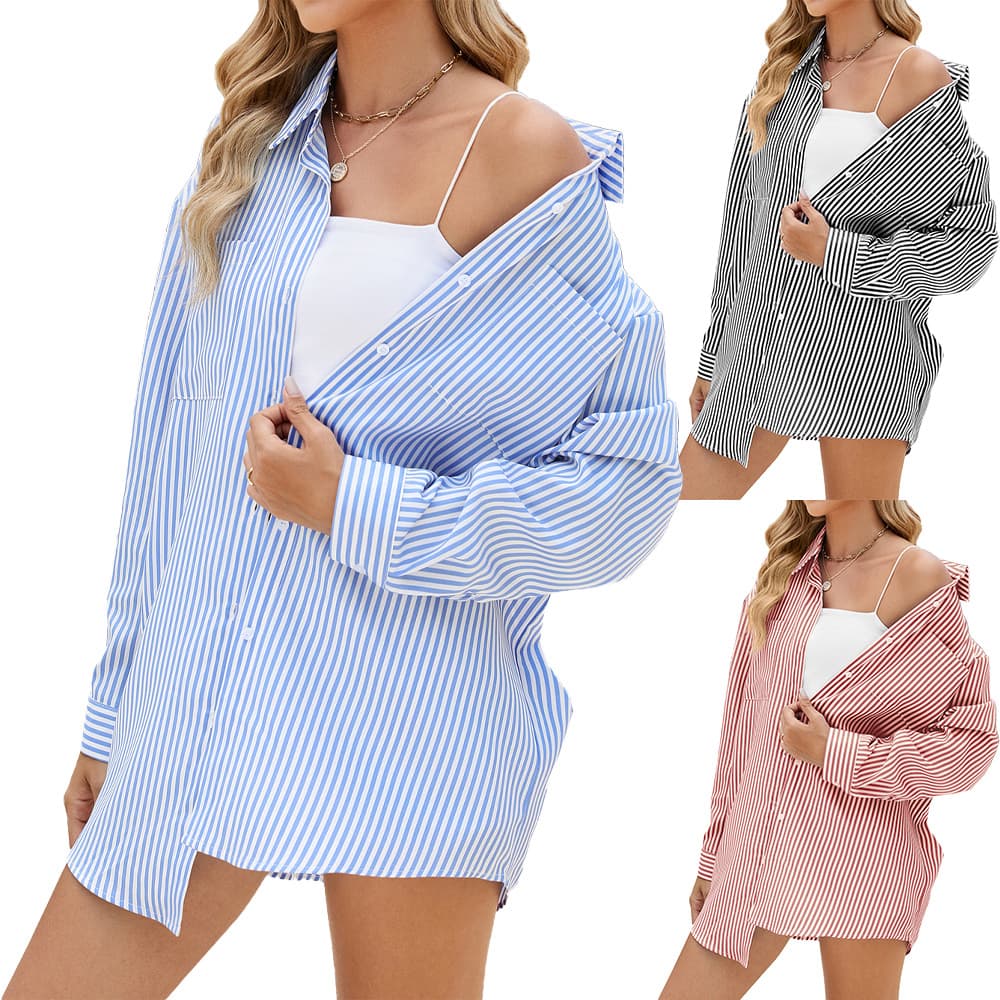 Women's Clothing Autumn And Winter New Oversize BF Style Striped Loose Long Sleeved Shirt