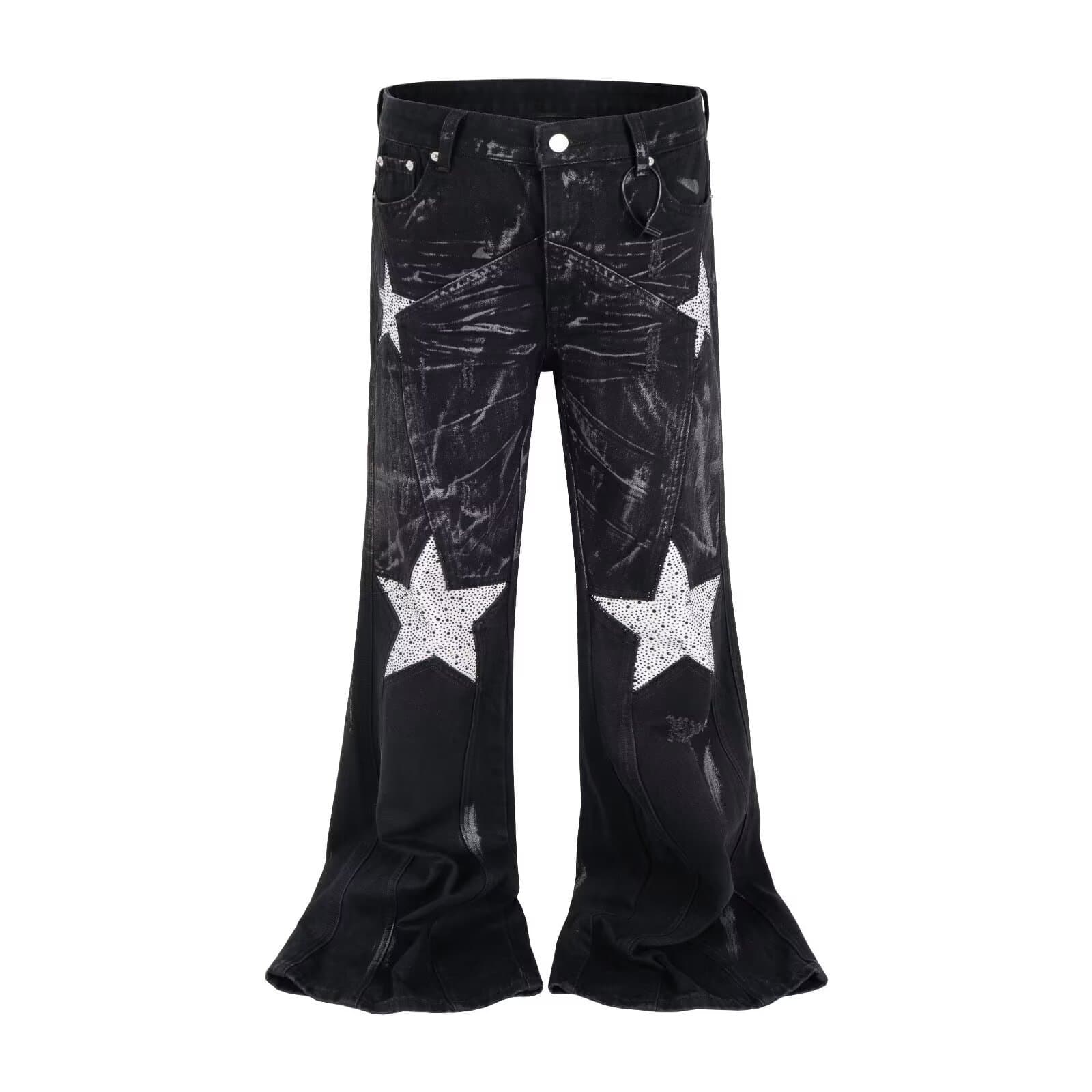 Black Star-Embroidered Streetwear Jeans – Relaxed Straight Fit, Vintage Wash, Urban Unisex Style