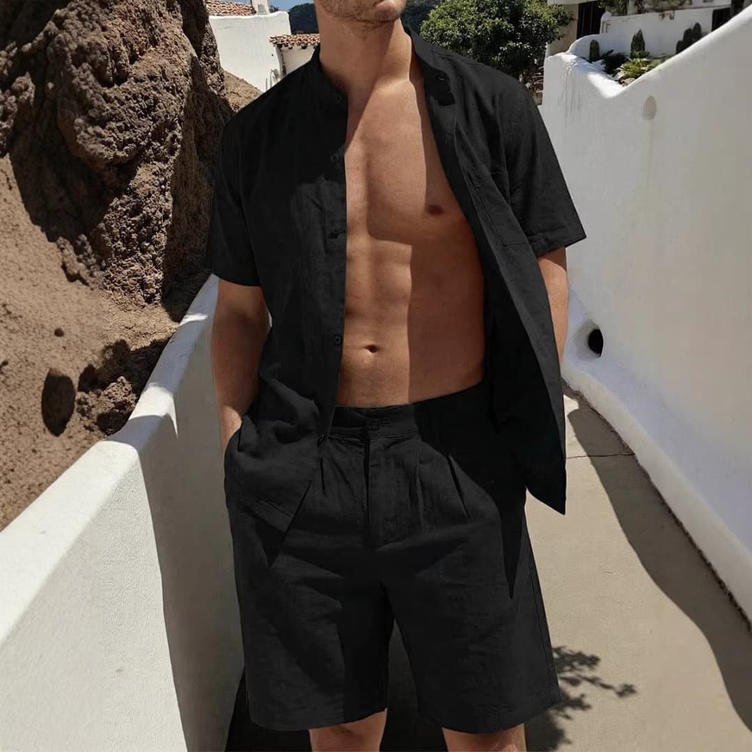 Men's Clothing Men's Casual Short Sleeved Cardigan Linen Cotton Two Piece Set Comfortable T-Shirt Cool Shirt And Shorts