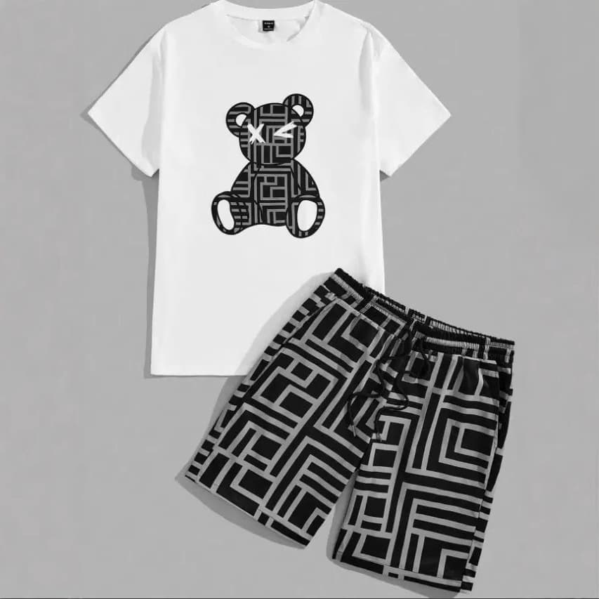 Cross-Border Foreign Trade Men's 3D Printed Bear Short Sleeve T-Shirt Set Sports Plus Size Top Casual Loose Summer Style
