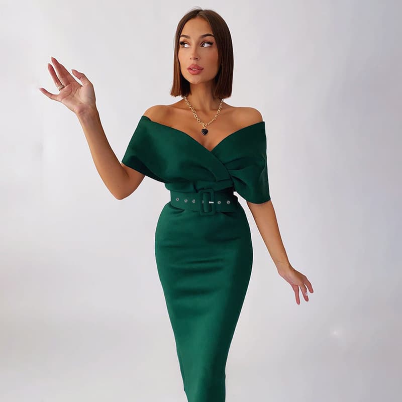 fashion temperament off-shoulder high-waisted dress with belt