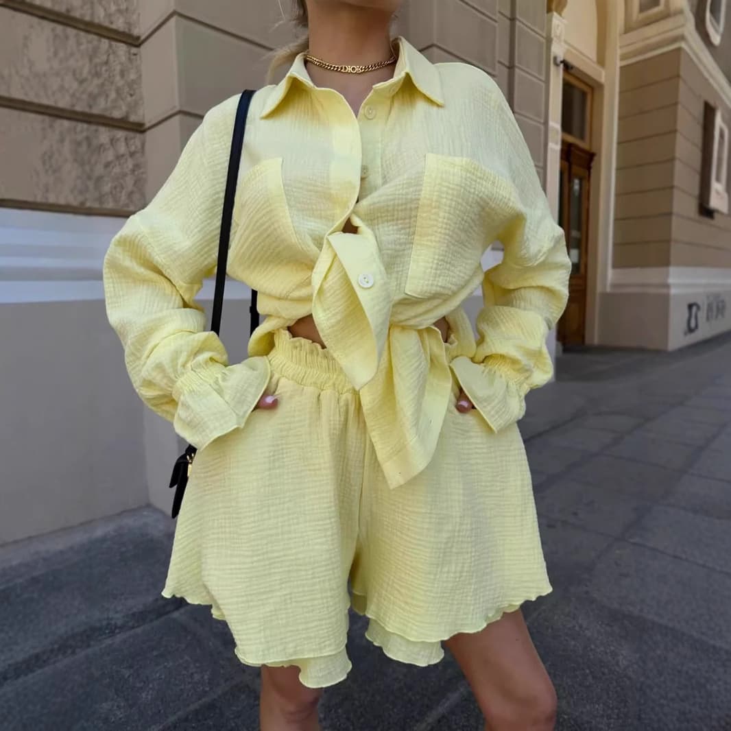 Women's Clothing New Long Sleeved Ruffled French Shirt Double Layer Casual Shorts Suit
