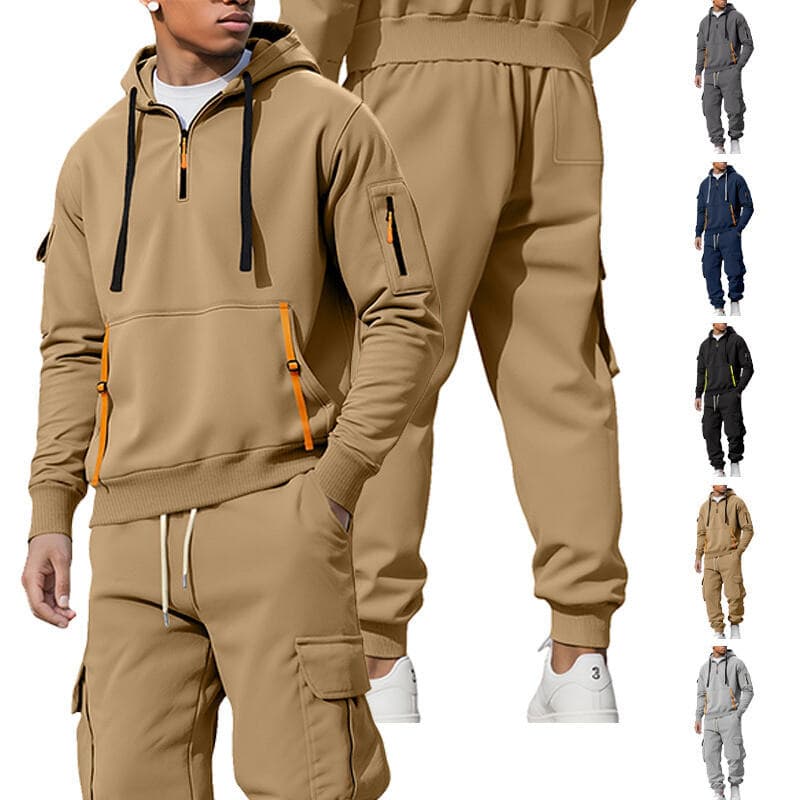 Men's Fleece Hooded Zip-Up Jacket & Cargo Pants Set - Streetwear Casual Outfit For Fall Winter, Multi-Pocket Utility Style (Khaki, Navy)​