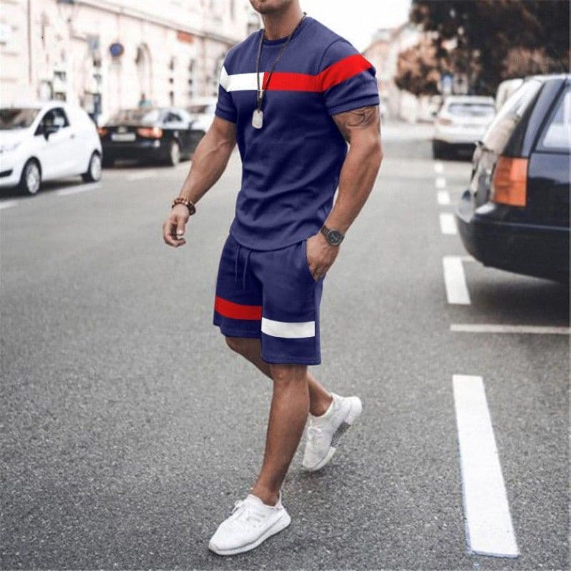 Men's Clothing home leisure men's thin short-sleeved sports striped round neck fitness suit men's T-shirt trendy two-piece suit
