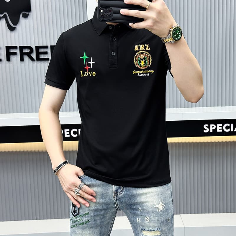 European high-end POLO shirt men's trendy brand business casual versatile embroidery trend slim fit ice silk lapel short