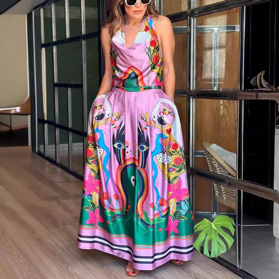 Women's Clothing Spring And Summer New Sleeveless Printed Dress Set INS Casual Loose Vacation Two-piece Set