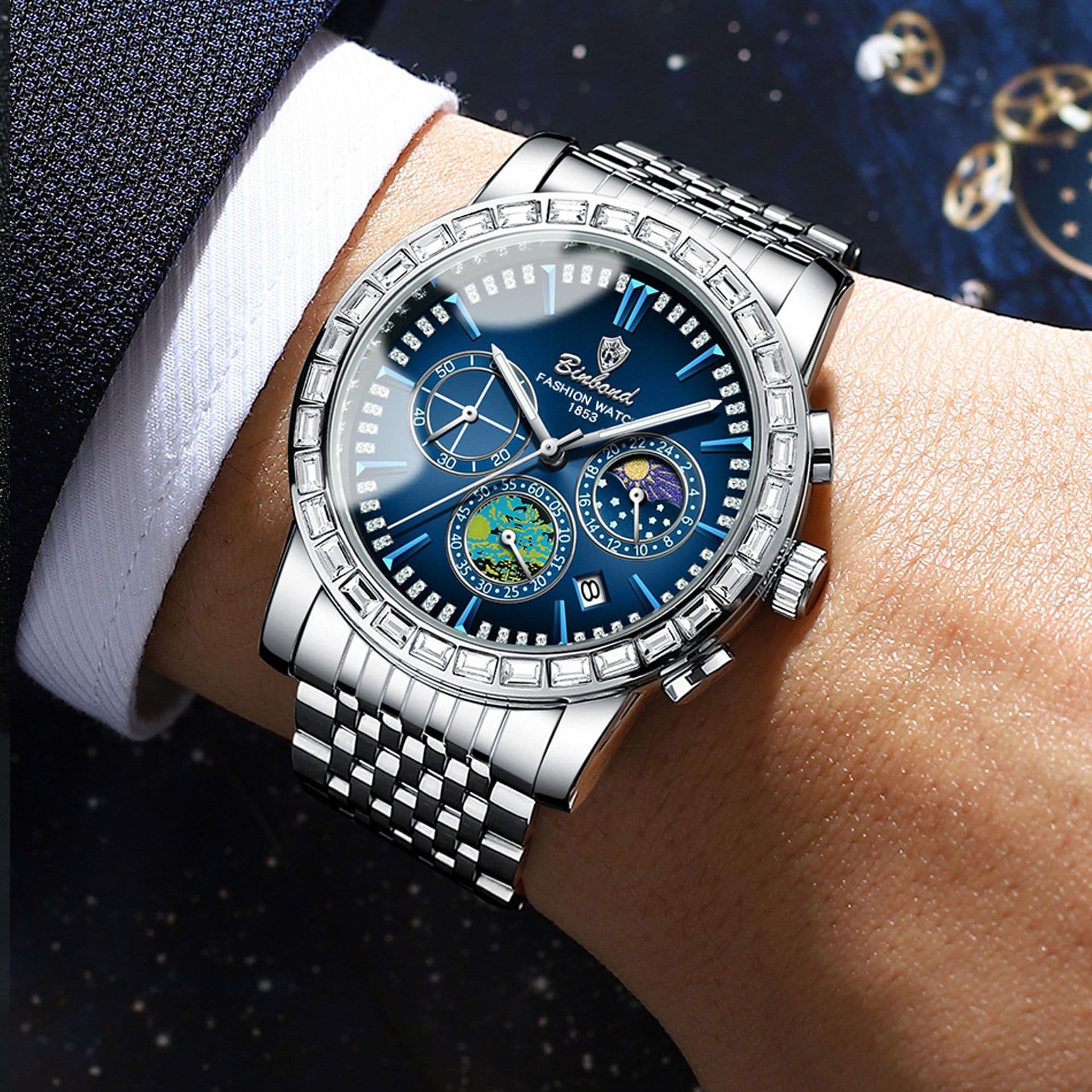 Montre à quartz de luxe pour homme avec phase de lune, aiguilles lumineuses, bracelet en acier inoxydable et étanchéité, idéale pour les affaires et les soirées. Montre Star Quartz.