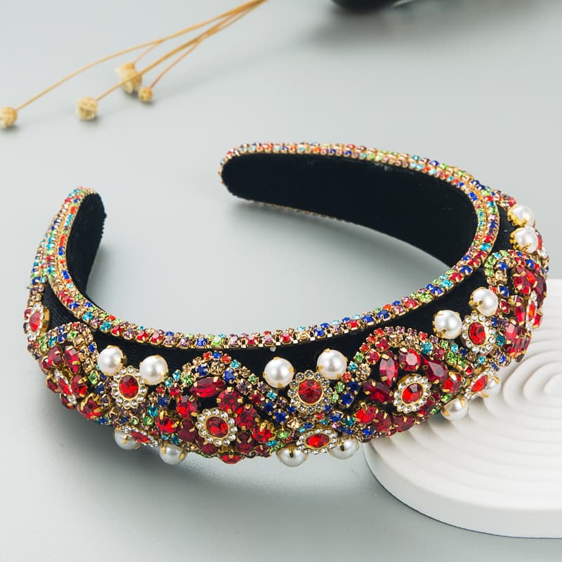 Pdmcms Women's New European and American Style Headband with Heavy Craftsmanship Diamond Inlaid Pearl Velvet Retro Sponge Headband