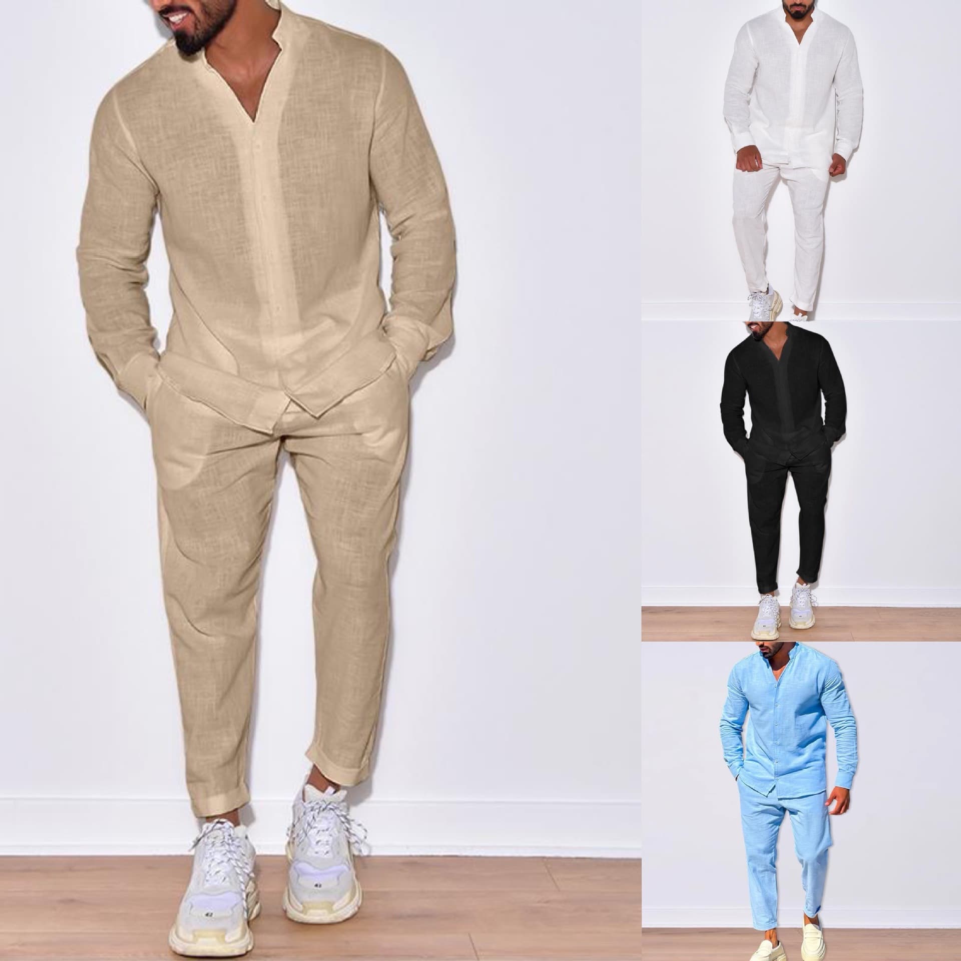 Cross-Border European And American Men's Linen Autumn Casual Suit Long Sleeve Jumpsuit Workwear Pants Export New