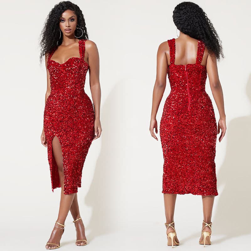 Women's Romantic suspender-type temperament commuter mid-length skirt mid-waist red suspender dress design sense