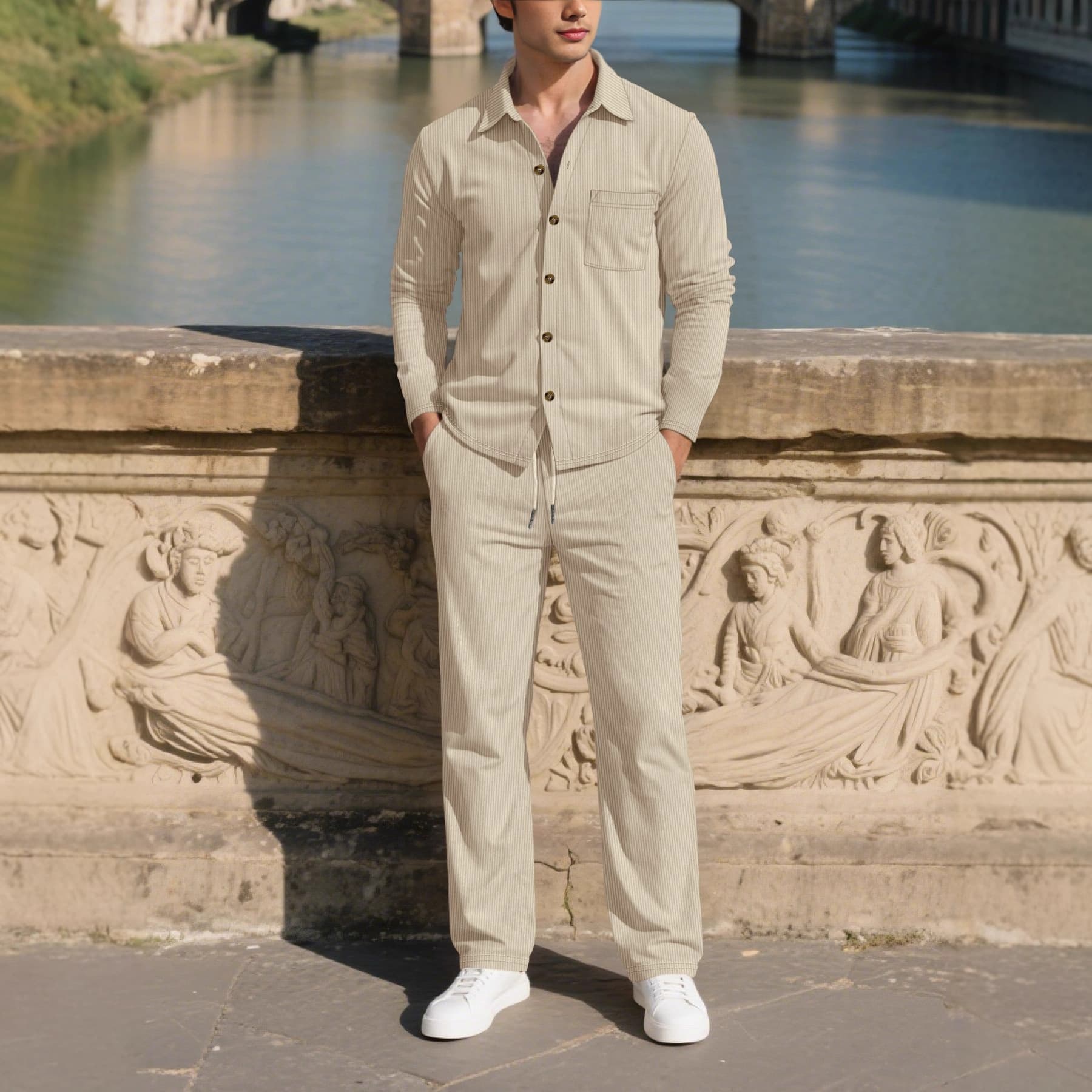 New Corduroy Men's Four Seasons Casual Button Down Shirt Cardigan Long Sleeved Trousers Suit