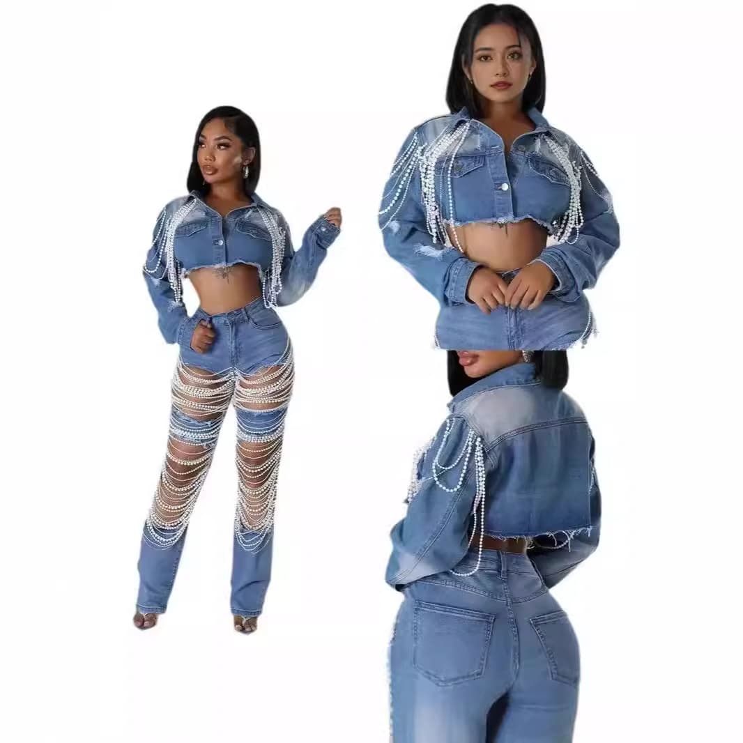 Women's Clothing Denim Jacket Women's Fashion Pearl Chain Handmade Beaded Denim Jacket