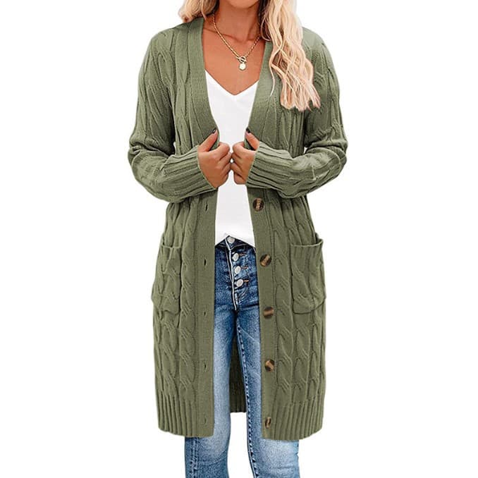 Women's Long Knit Cardigan With Buttons And Pockets – Cozy V-Neck Open Front Sweater In Solid Colors