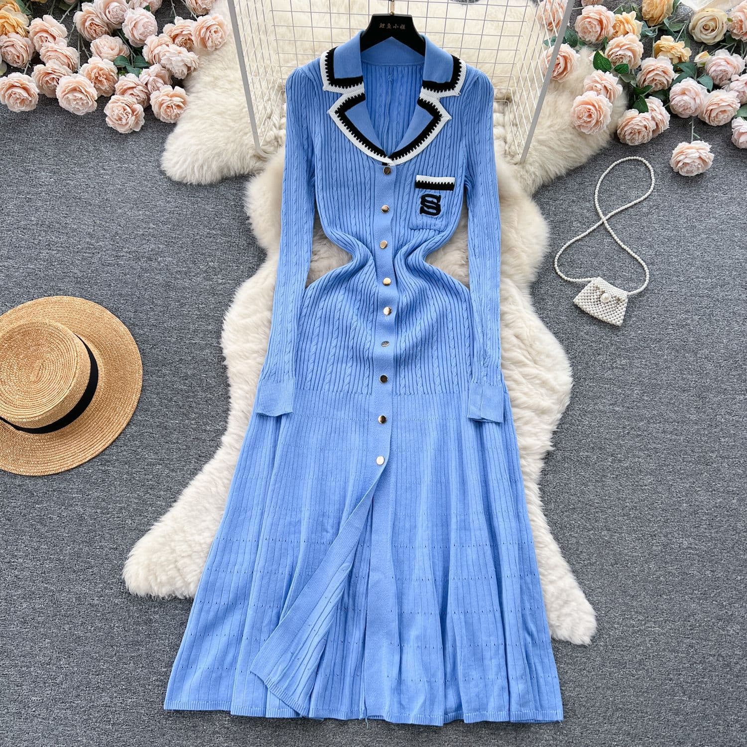 French Robe for Women Polo Collar Embroidered Long Skirt Slim Knitted Dress Elegant Temperament Cross Border Foreign Trade