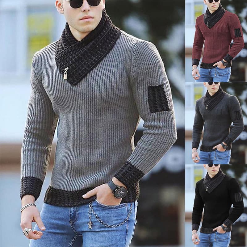 2023 New European Men's Scarf Collar Sweater Knitted Pullover Long Sleeve Sweater Men's Patchwork Sweater Jacket