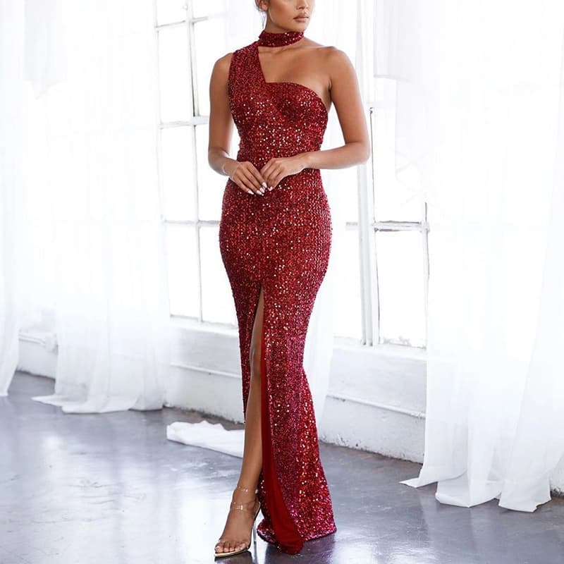 Women's high waist red flying long skirt wrapped chest style temperament commuting sequined solid color dress