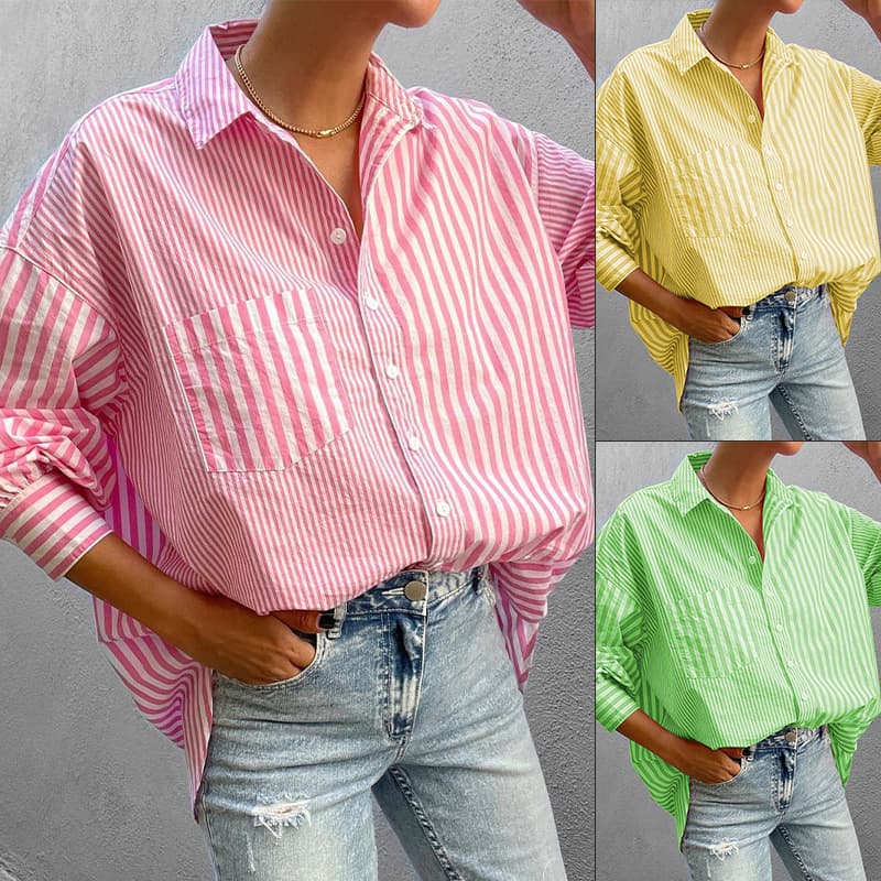 Women's Clothing Simple and Fashionable Style Shirt Long Sleeve Striped Shirt