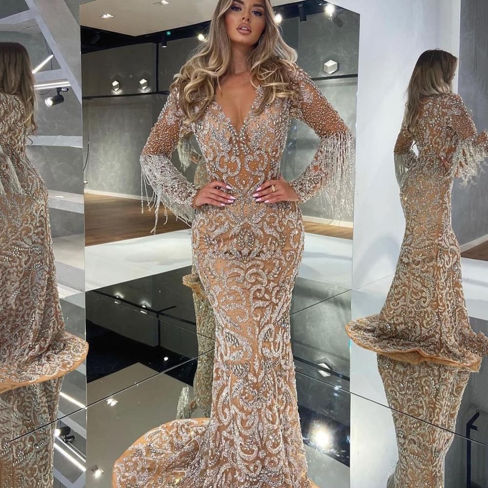 Women's Clothing spring new women's evening dress female fishtail sprinkle gold tassel elegant sexy long dress