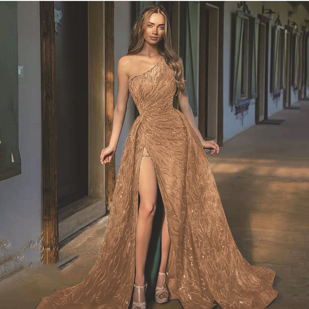 Women's sexy slit dress, popular green floor-length dress, one-shoulder sequined female celebrity evening dress