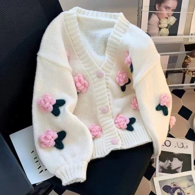 K New Sweet Style Three Dimensional Flower Knitted Cardigan For Women's Age Reducing Versatile Loose Soft Sticky Sweater Coat