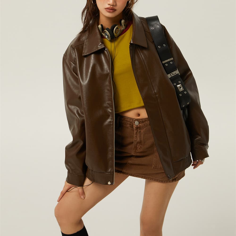 Women's Maillard Brown Biker Jacket - Vintage PU Leather Coat, Loose Fit, Retro Style, Casual Outerwear For Spring & Autumn