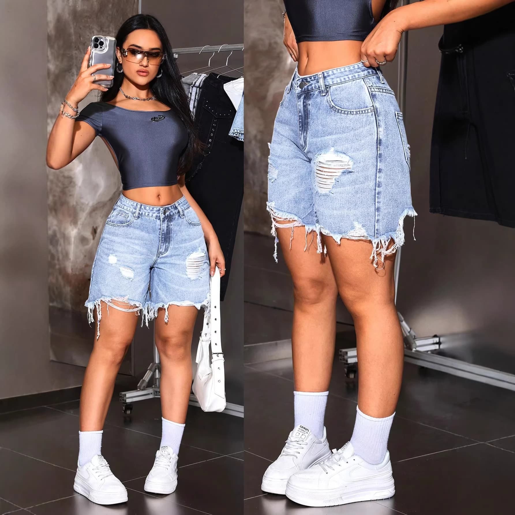 2026 Cross-Border European And American Summer New Street Style High-Waisted Ripped Raw Edge Hot Girl Denim Shorts For