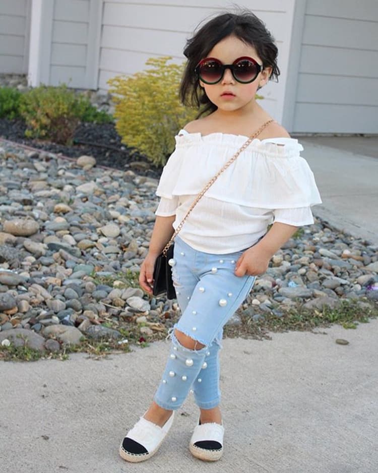 Mother&Kids Girls' one-line halter top beaded jeans two-piece set