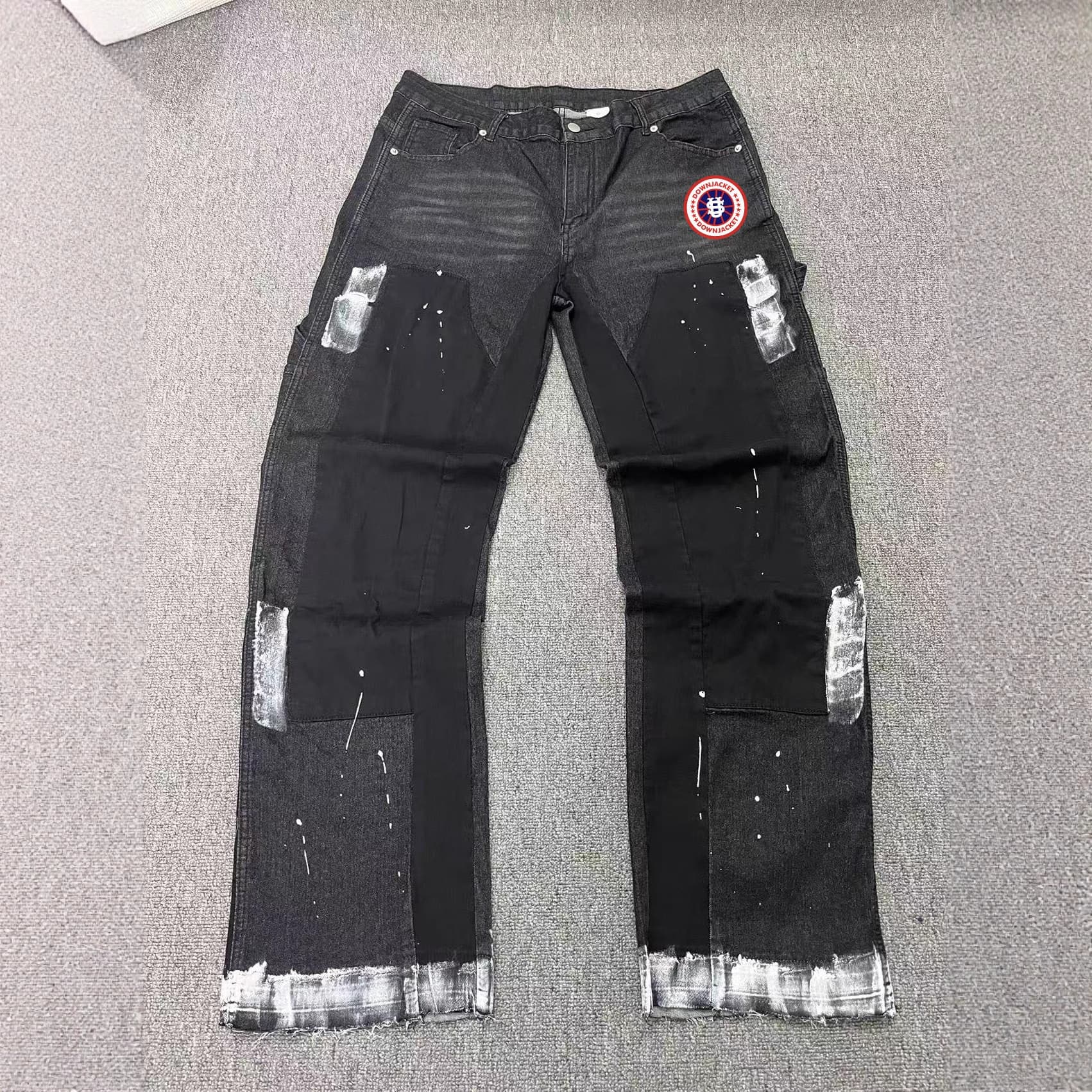 Men's Clothing Menswear Trendy Patchwork Distressed Washed Denim Cargo Pants With Hand Painted Finish And US Round Logo.