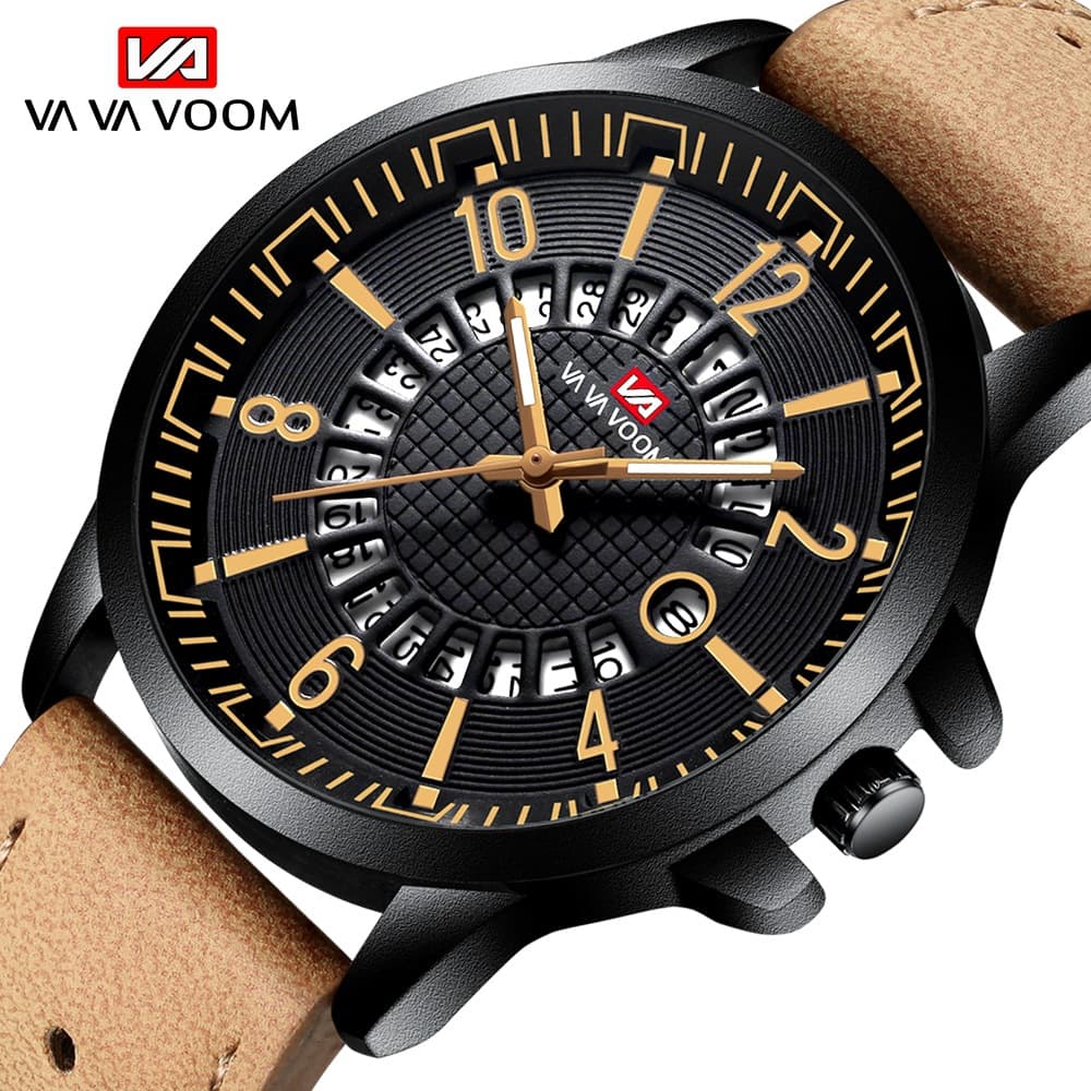 VA VA VOOM Brown Creative Calendar Sports Watch JOOM Men's Breathable Small Hole Belt Watch