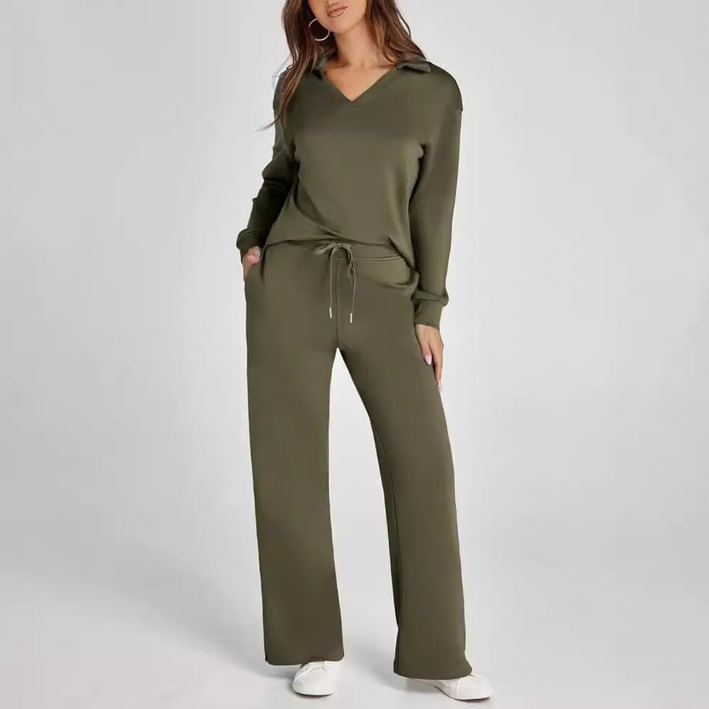 Women's Clothing Loose V Neck Long Sleeved Top With Drawstring Design Elastic Waist Flared Trousers Two Piece Set
