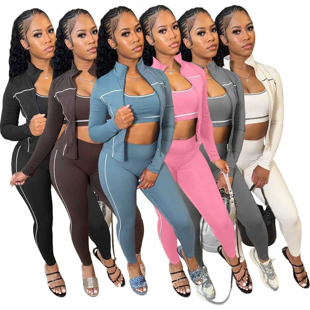 Women's Clothing 3-Piece Workout Set - Zip-Up Thumb Hole Long Sleeve Top & High-Waisted Leggings - Stretchy Comfort Fit For Yoga, Gym, Running