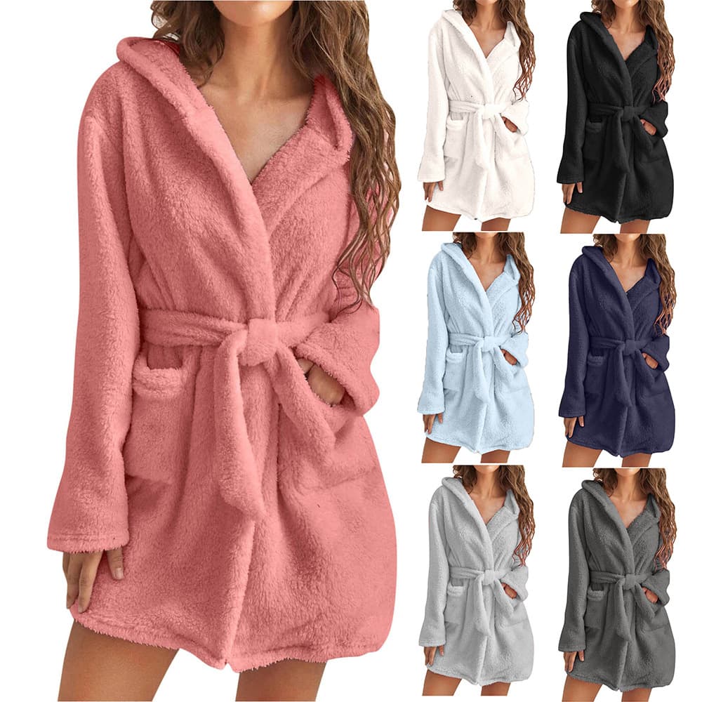 Women's Plush Pajamas Solid Color Hooded Warm Home Bathrobe