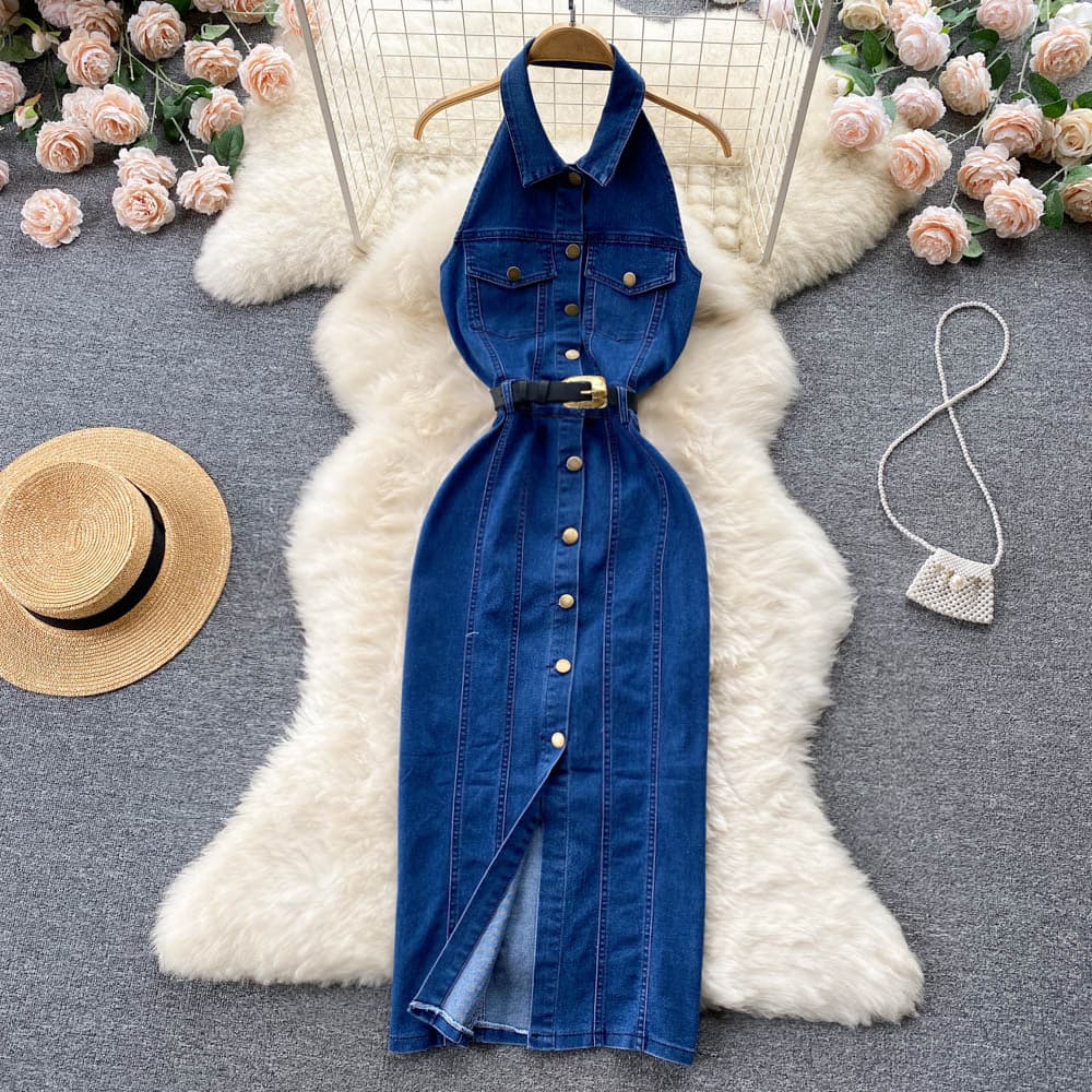 Ladylike temperament halter neck single-breasted sexy beautiful back dress women's lace-up waist slimming hip-hugging A-line denim skirt