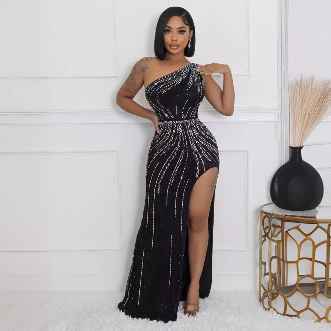 Women’s Clothing two color hot diamond sleeveless oblique shoulder slit hip stretch dress