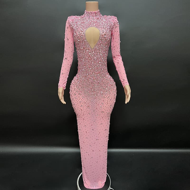 Women's Clothing pink shiny diamond high collar heart shaped top red carpet dress crystal long skirt
