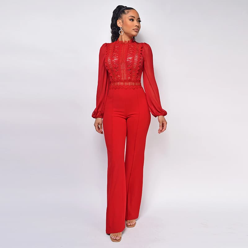 Women's Clothing women's high collar lace crochet jumpsuit fashion solid color chiffon long sleeve high waist jumpsuit