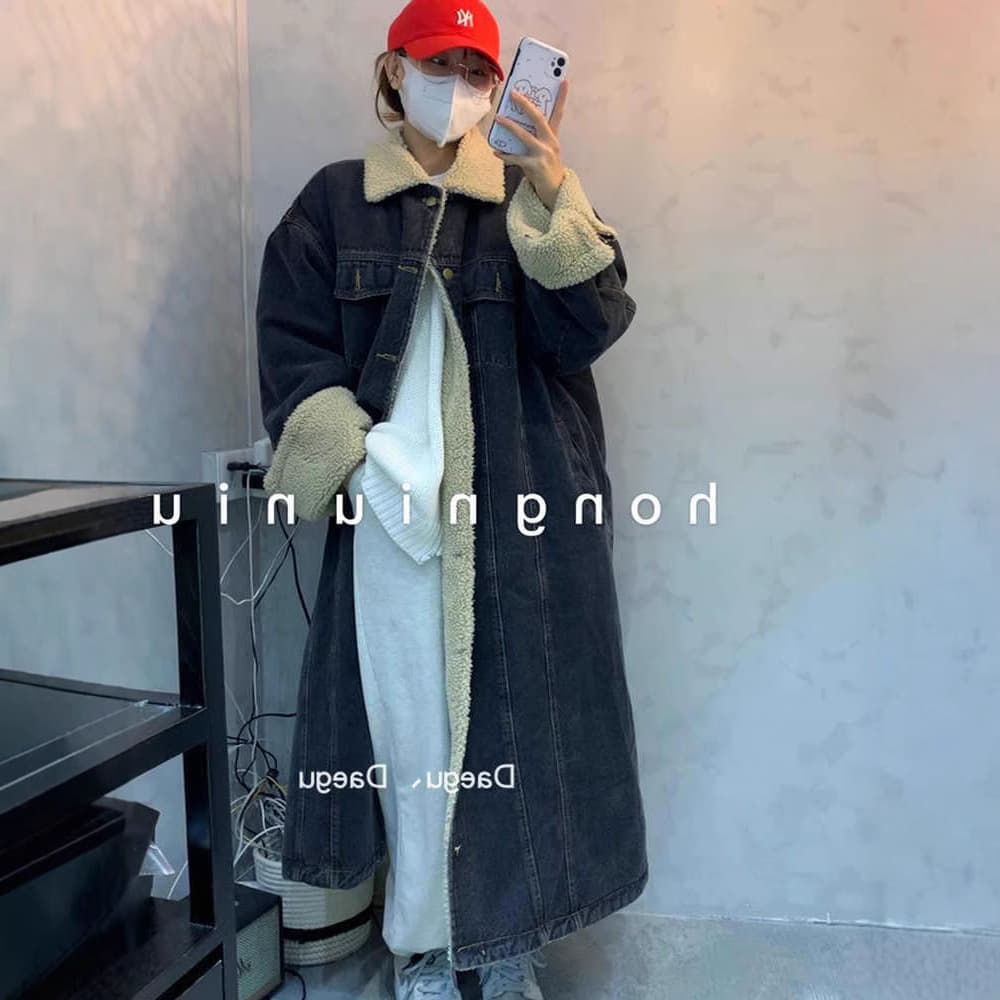 Winter Lambswool Denim Jacket Women's Mid Length Korean Version Loose Bf Slim Thick Warm Street Cotton Clothing 9331