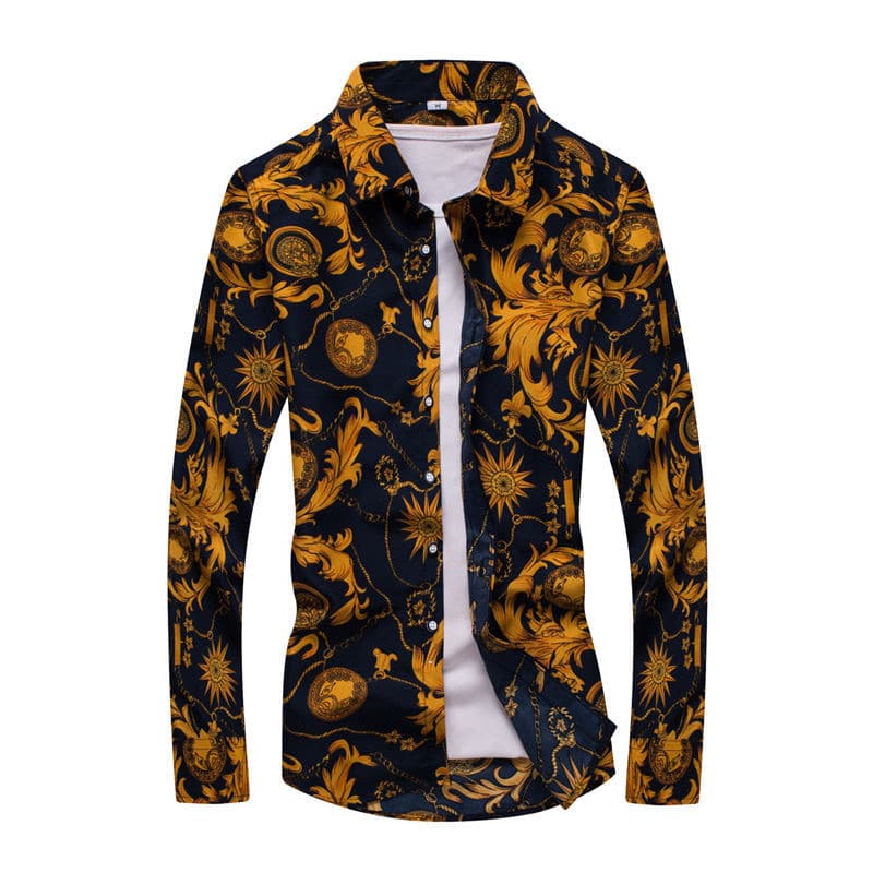 Spring And Autumn Plus Size Men's Trendy Pattern Long Sleeve Shirt Thin Fashion Slim Fit Long Sleeve Shirt Trendy Men