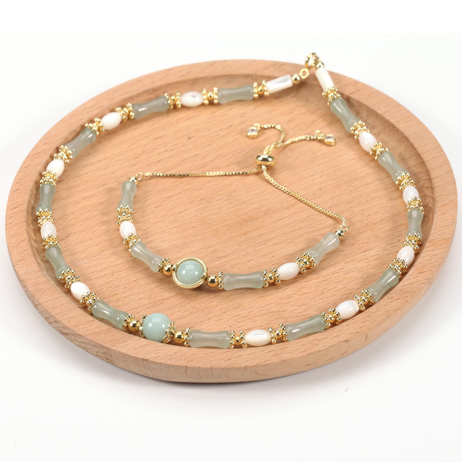 Shell Bamboo Light Green Aventurine Natural Stone Bracelet Necklace Set Female