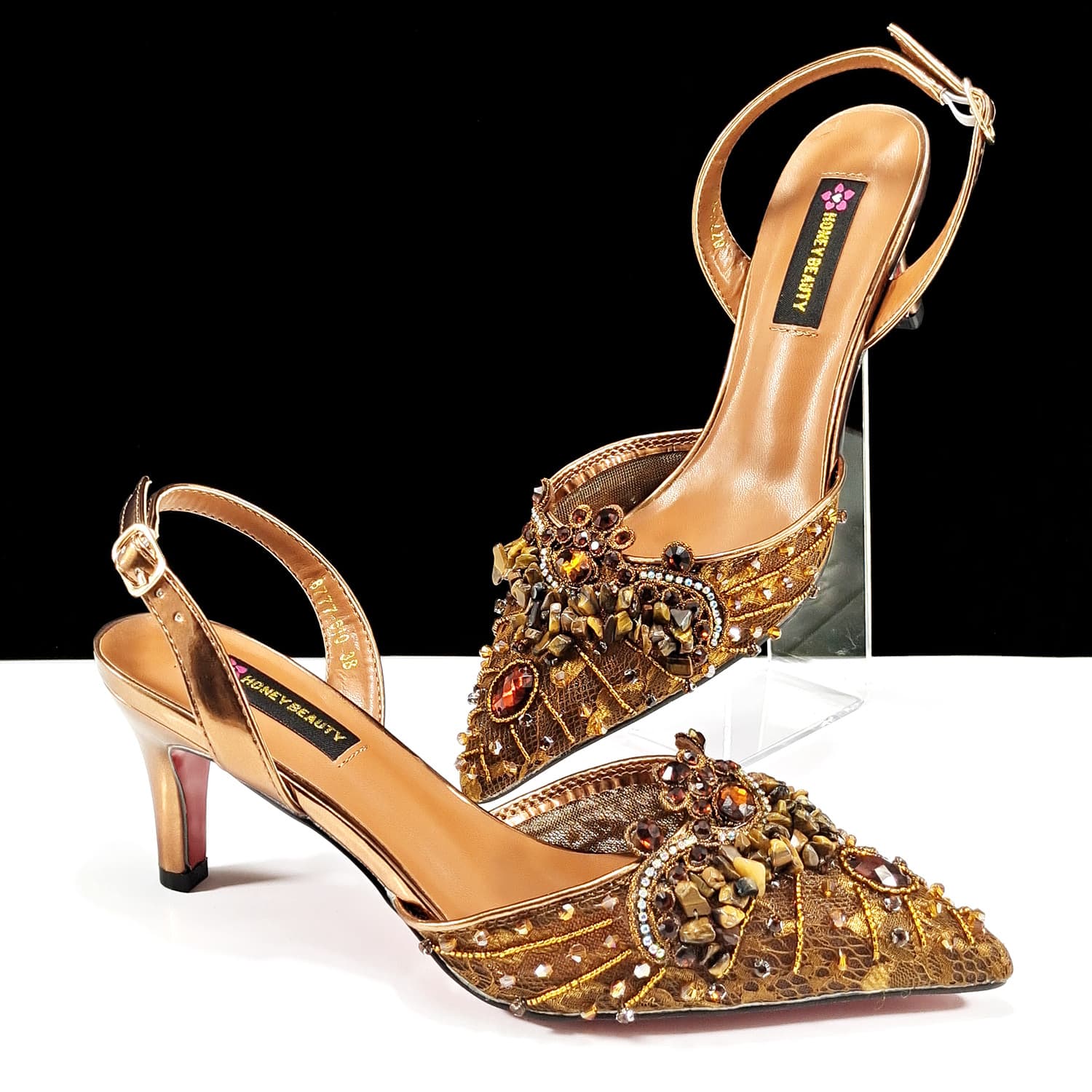 Women's pointed high heels, rhinestones and coral stones, fashionable and elegant party style