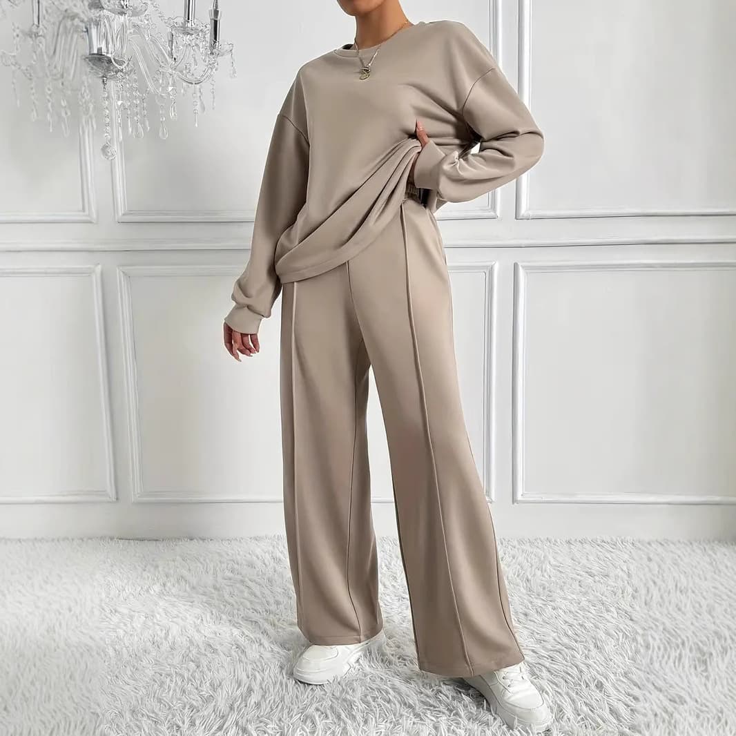 Women's Clothing Ins Style Solid Color Round Neck Long Sleeved Trousers Suit Women's Temperament Two Piece Suit