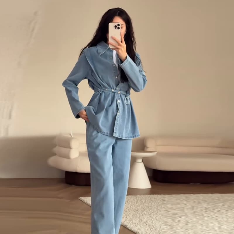 Women's Denim Shirt & Pants Set – Oversized Lapel Long Sleeve Two-Piece Outfit (XS-XXXL)