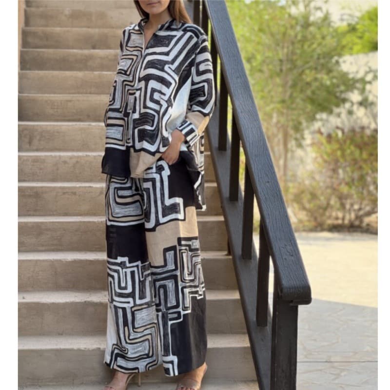 Women's clothing cotton and linen multi-color printed long-sleeved casual straight pants two-piece suit