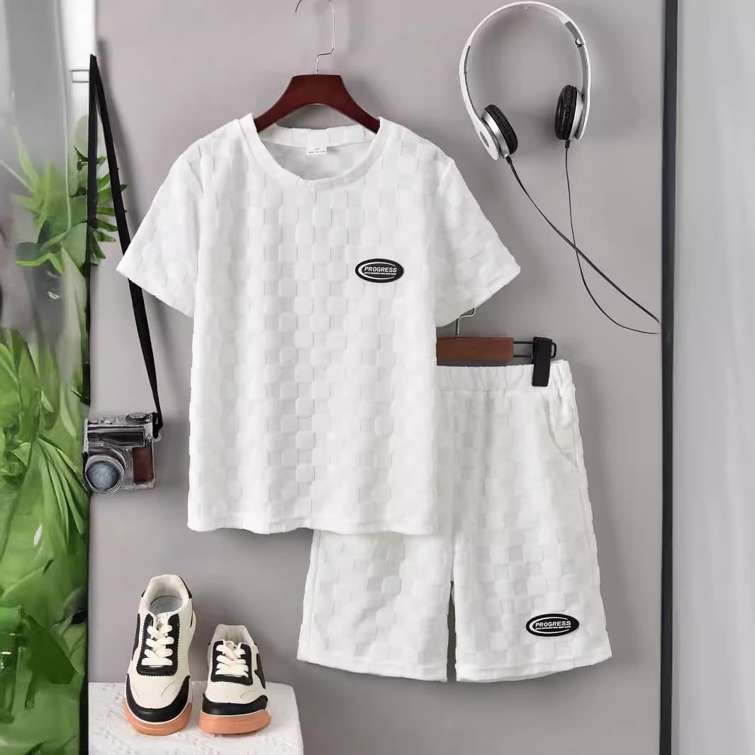Kid's Clothing 2024 Spring and Summer Three-dimensional White Fabric Short-sleeved T-shirt & Shorts Two-piece Set