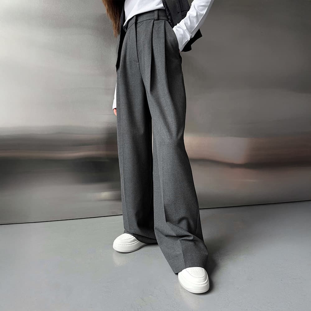 Elegant High-Waisted Wide Leg Pants For Women - Flowy Office Trousers With Side Pockets, Stretchy Polyester Blend, Black/Grey/Brown, S/M/L