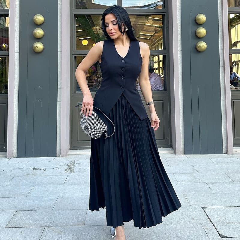 European And American Suits For Women Summer Sleeveless Vest Slit Solid Color Large Swing Pleated Skirt Women's Clothing Two Piece