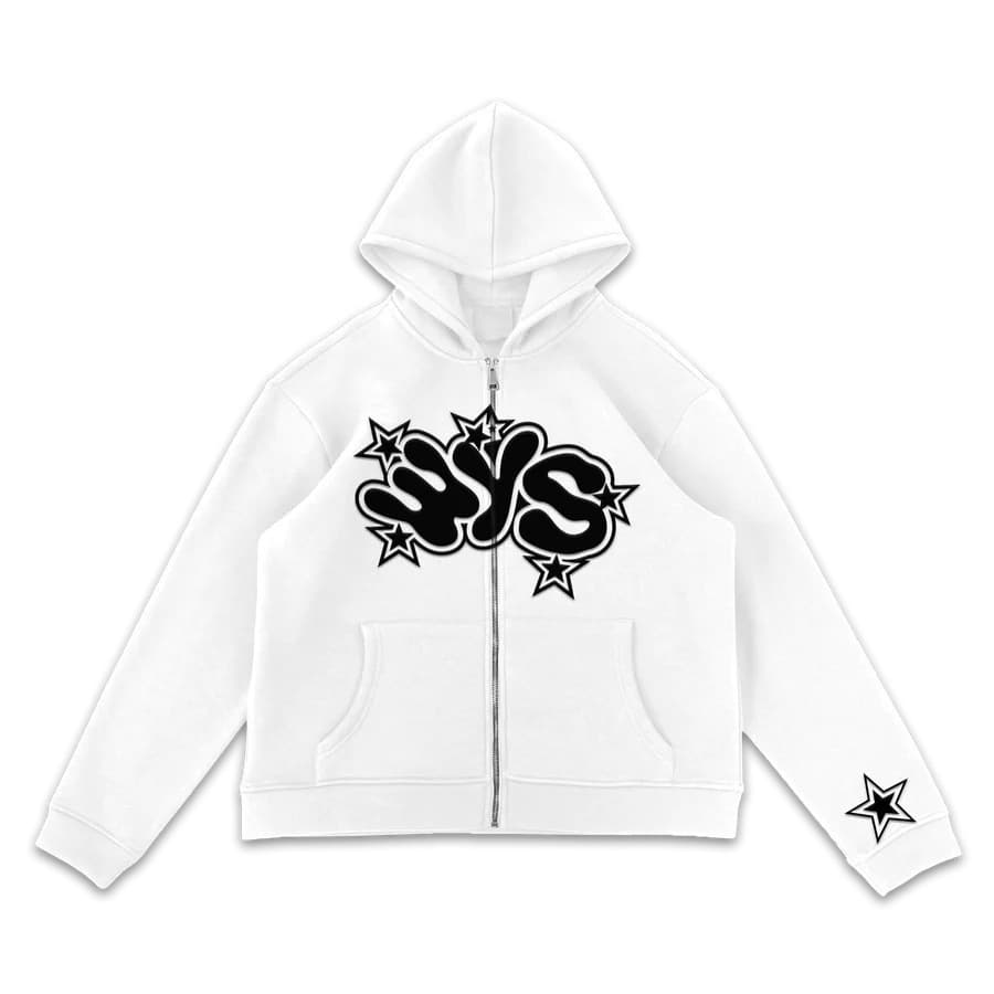 Unisex Streetwear Hoodie With Star & Letter Print – Zip-Up Oversized Pullover For Men/Women | Trendy Graphic Sweatshirt (Black/White/Grey/Cream)​